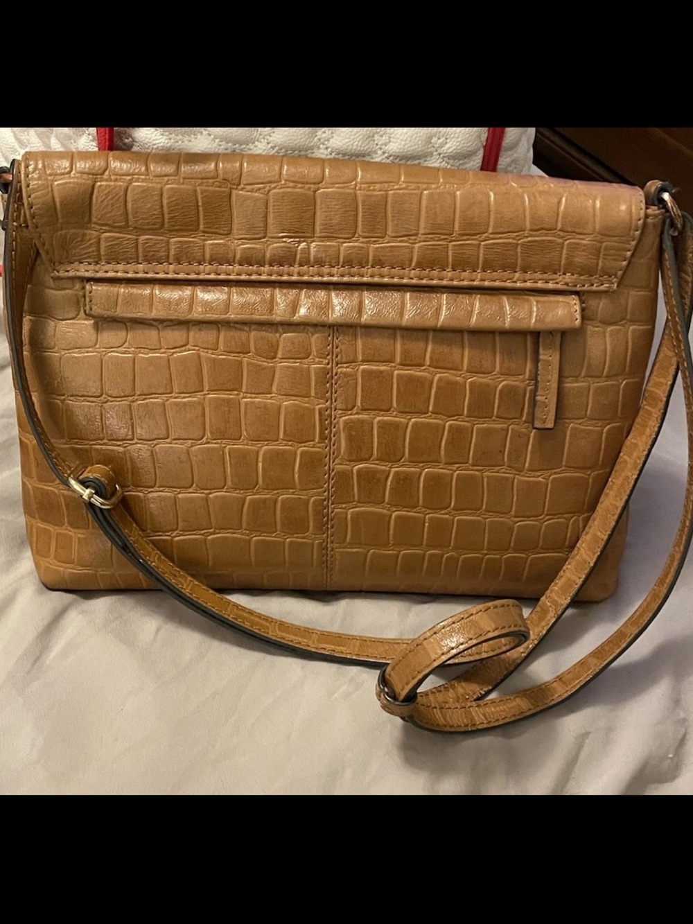 Ashwood Cognac Croc Embossed Leather East West Small Crossbody Bag Purse - Picture 9 of 10
